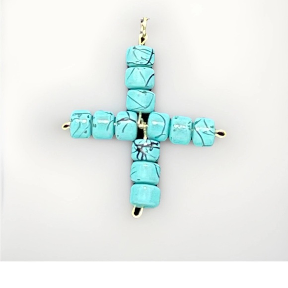 Beaded Cross Pendant Handmade Blue Beads Religious Jewelry - Picture 2 of 5
